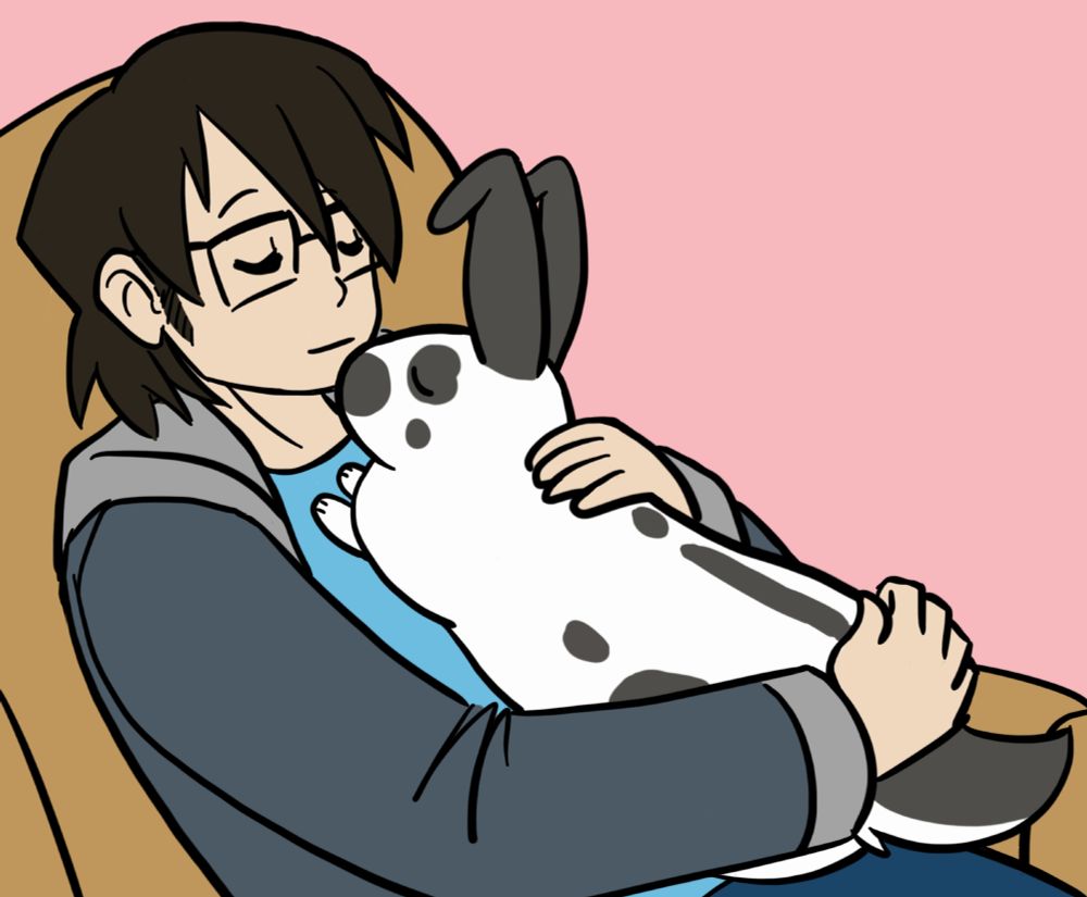 drawing of a person lying back on a sofa hugging a giant rabbit with white fur and brown markings