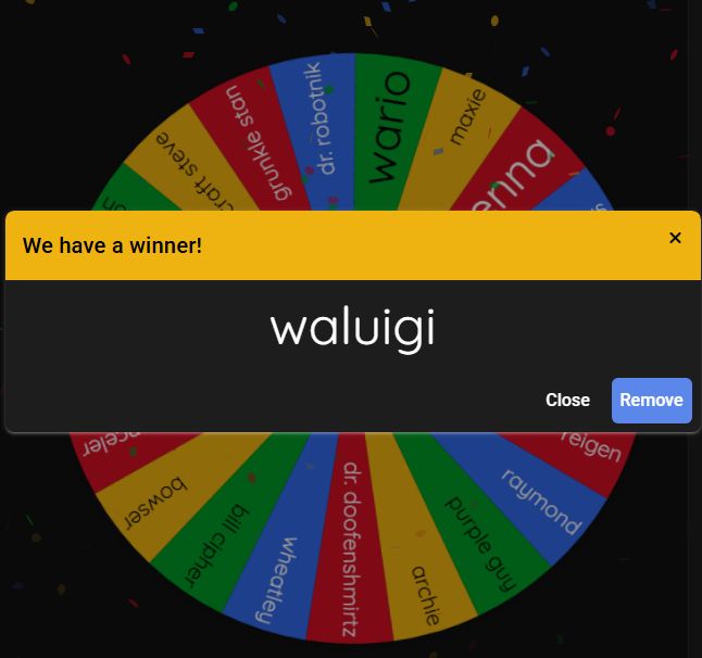 wheel with a bunch of fictional character names, many of whom are tumblr sexymen. popup that says "we have a winner! waluigi"