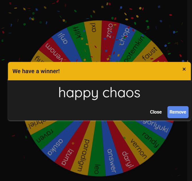 wheel with a bunch of guilty gear men's names on it. popup that says "we have a winner! happy chaos."