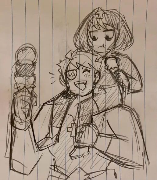 sketch on lined paper of sin kiske from guilty gear giving delilah a piggy back ride while they are both holding ice creams. sin is smiling up at delilah and she's looking down at him with a more neutral expression. (her mouth looks as if she has just taken a taste of ice cream but i forgot to draw any dent or chunk taken out of it to show this lol.) delilah has a little cone and sin has a huge 3 scoop cone that he hasn't started eating yet.