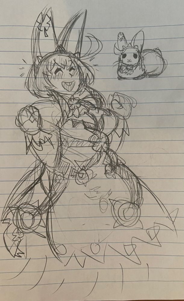 sketch on lined paper of elphelt valentine (xrd sign design) jumping in the air excitedly smiling wide revealing cute little bunny teeth. On the top right is a doodle of elphelt as an actual bunny.