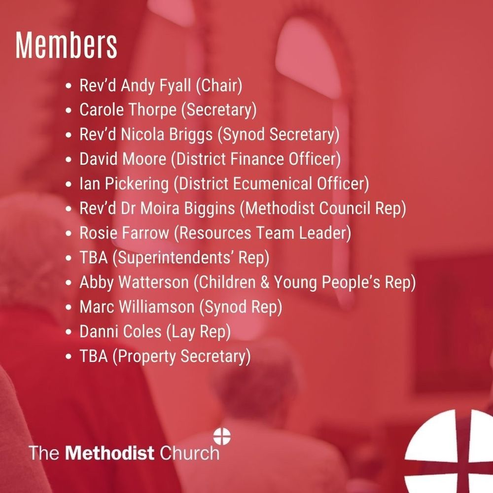 Members:
Rev’d Andy Fyall (Chair); Carole Thorpe (Secretary) ; Rev’d Nicola Briggs (Synod Secretary); David Moore (District Finance Officer); Ian Pickering (District Ecumenical Officer); Rev’d Dr Moira Biggins (Methodist Council Rep); Rosie Farrow (Resources Team Leader); TBA (Superintendents’ Rep); Abby Watterson (Children & Young People’s Rep); Marc Williamson (Synod Rep); Danni Coles (Lay Rep); TBA (Property Secretary).