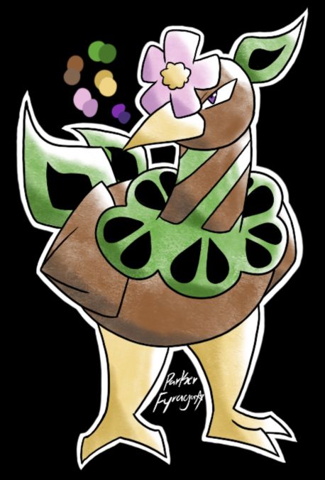 Pierciwee, the Competitor Pokemon
[Grass/Fairy]
Pierciwee take competition to another level, essentially becoming so wrapped up in it they tend to go too far. When not in competition, they are incredibly caring for those they deem weaker, which gives them a need to defend their trainers when possible.
A larger, evolved version of the first image. The neck has grown bigger with green and brown stripes resembling a jousting lance, and a kiwi plant flower covering the right eye. 