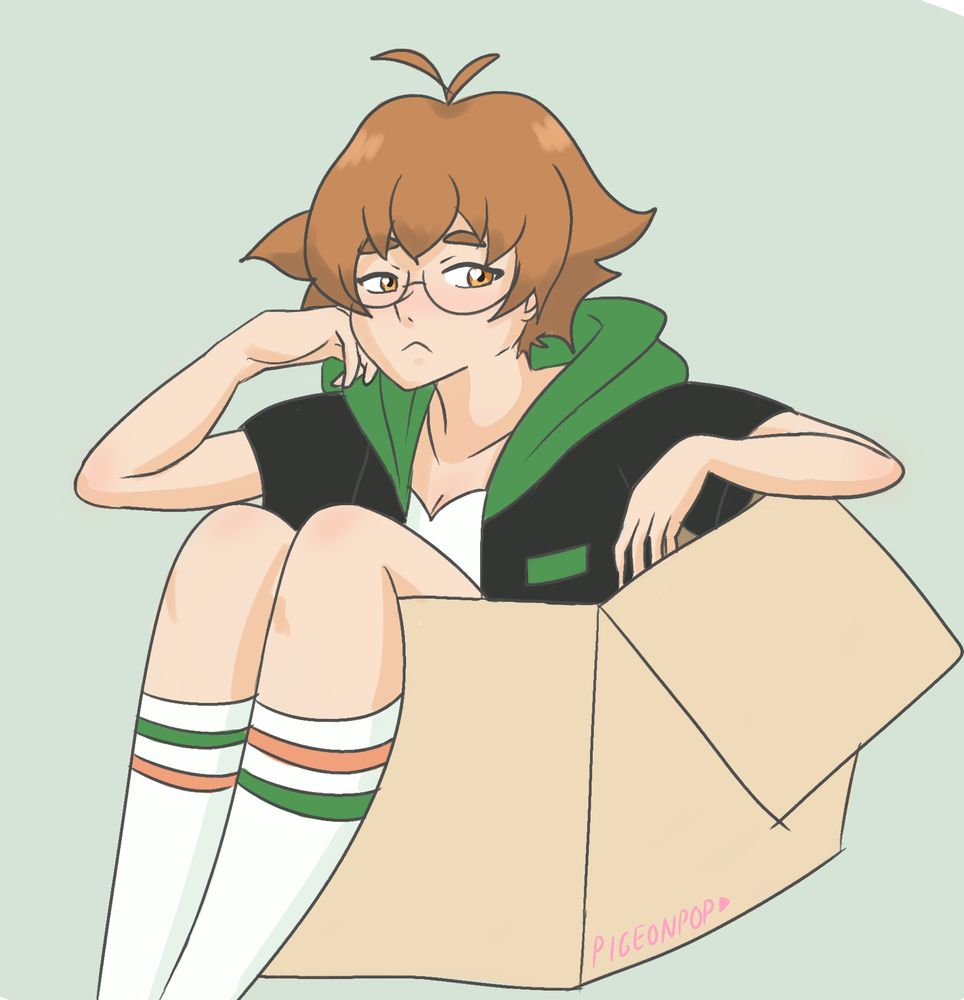 pidge from voltron in a black hoodie and knee high socks sitting in a cardboard box