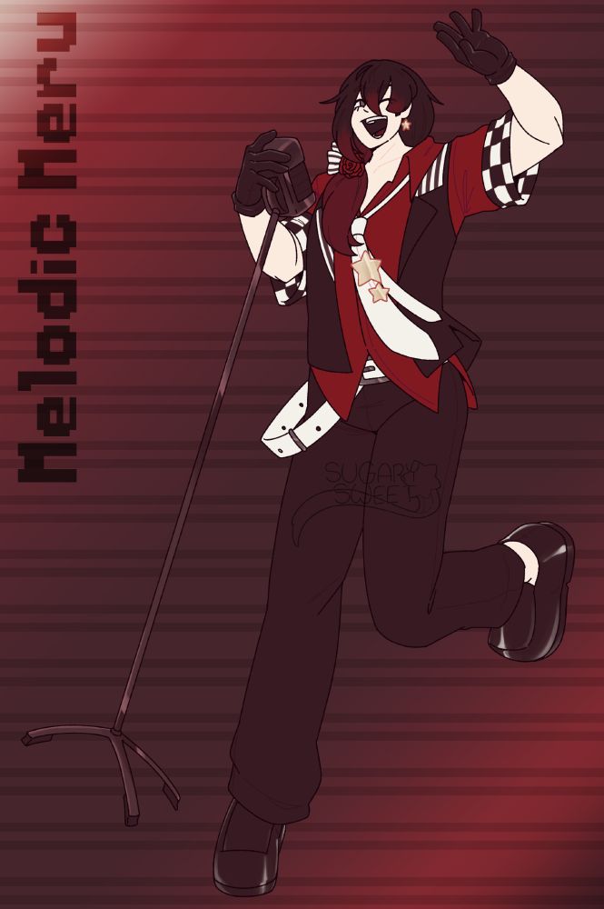 A full body illustration of the UTAUloid Melodic Meru's masculine design. He's dancing with a standing microphone, holding it my the microphone itself, and he's waving to an unseen audience.