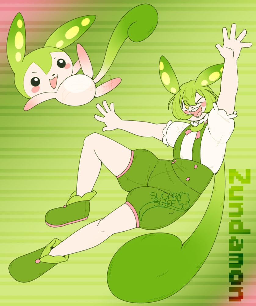 An illustration of Zundamon, both their mascot and bishōjo form. Mascot Zundamon is falling backwards with a cutesy smile, but mischievous eyes. Bishōjo Zundamon is reaching upwards, giving the viewer an excited wink with a big smile.