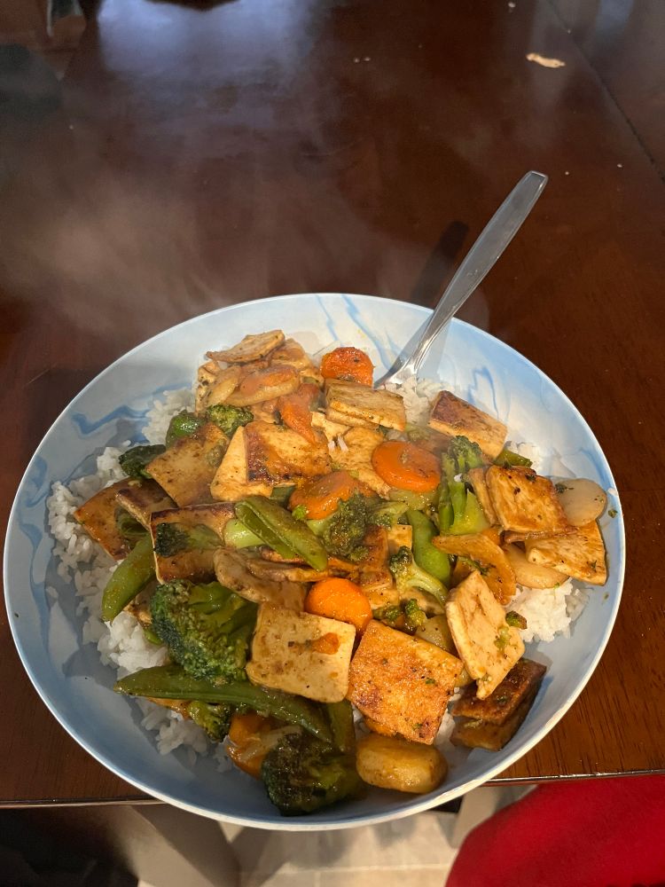 A plate of tofu stirfry and a bit of white rice. The plate is a white and blue pattern with a  fork sticking out toward the top right. It is sitting at the edge of a ground table.