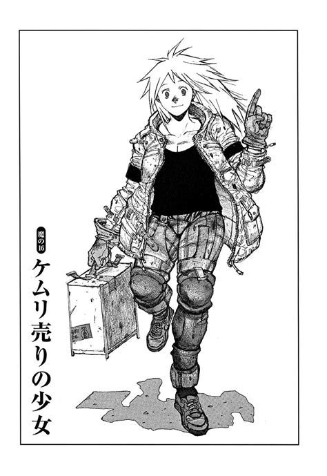 Nikaido from the manga Dorohedoro. A girl with blonde hair wearing a black tank top, plaid jeans, knee guards, boots, and a light colored jacket. She’s holding a suit case while walking. 