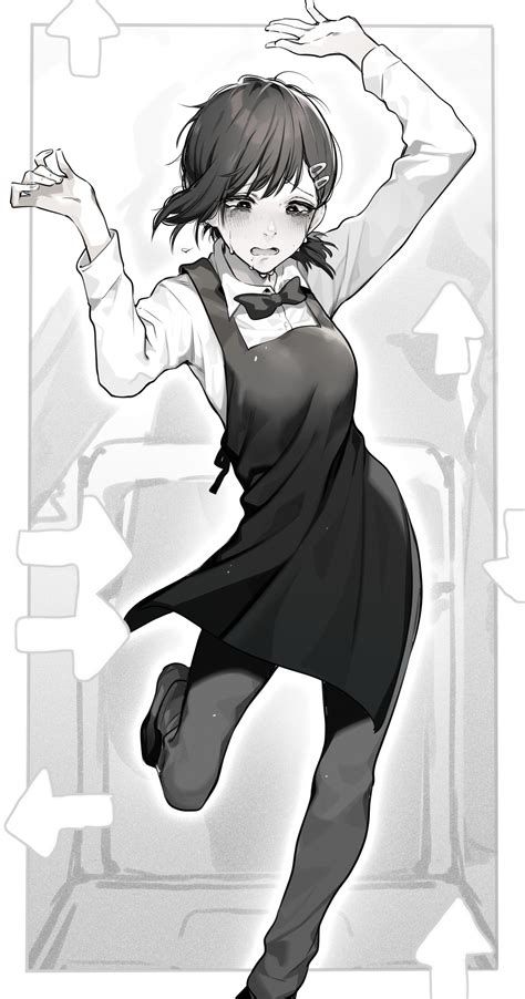Kobeni from the manga Chainsaw Man. A girl with dark hair wearing a restaurant server’s uniform. Black slacks, white button down shirt, black apron. She’s playing a dancing arcade game. 