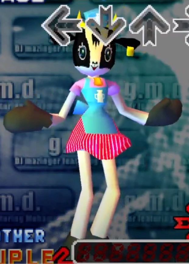 cow-ko from dance dance revolution danciing in front of the background for the song g.m.d.