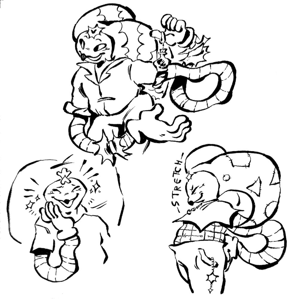 Three black and white ink drawings of the character Fizzarolli from the show Helluva Boss. He's chubbier than in canon and smiling in all of them. In the first one he is proudly presenting a bottle he's selling, holding it up. In the second one he looks flattered, he's smiling with a hand up to his face, and in the third one he's seen from the side, stretching, hands on his back and looking satisfied.