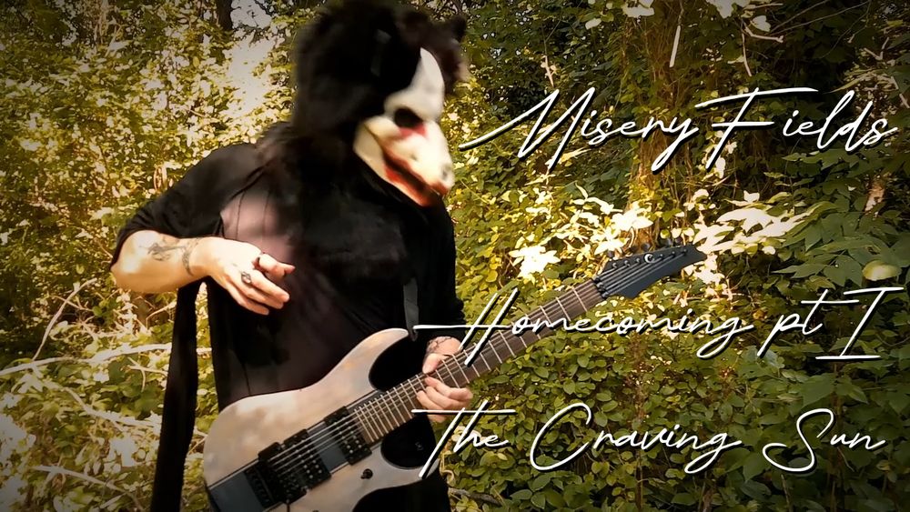 A cryptid holding a guitar and wearing a black cloak. He looks like he's pulling the music out of the guitar by either magic or sheer force of will. Text on the image reads, "MiseryFields, Homecoming ptI: The Craving Sun"