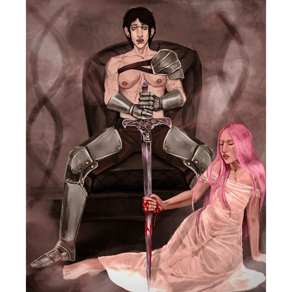 Dark haired trans man sittingon a dark throne holding a sword in gauntletted hand. His eyes are open and looking at the viewer with a look of sorrowful determination. the sword is perpendicular to the ground. The man is shirtless but otherwise has the rest of his armor. On the ground is a pink haired trans man with long pink hair wearing a translucent dress that clings to his body. He grips the blade of the sword and blood runs down his hand, implying he has been cut. his eyes are closed and he has s slight smile.
