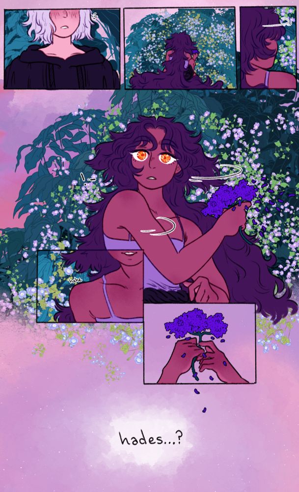 the beginning portion of a comic strip, where hades and persephone (any prns) both appear as children. the scene is dripping in greenery and florals. hades approaches persephone, kneeling to tend to her mother's garden around dusk. they sense him and turn to meet him, surprised at first, though their face softens into a playful smile as they realize who it is. they hold a stem of heliotropium in their hands, the petals scattering as she moves. they then call his name in confusion.