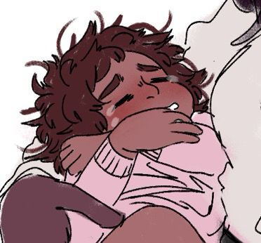 a cropped doodle of baby missy in the arms of one of her mothers, aseh. she is fussing, arms crossed over her chest and tears running down her cheeks. 