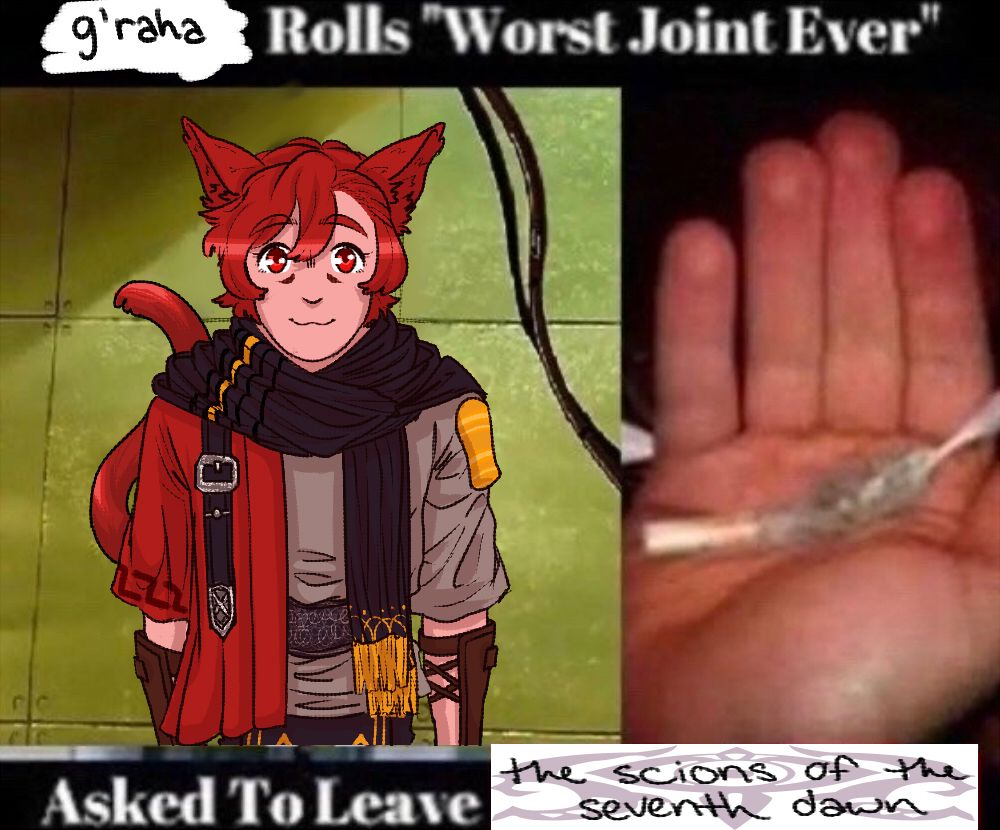 raha smiling innocently beside a picture of an ugly joint. the text reads: “g’raha rolls “worst joint ever”, asked to leave the scions of the seventh dawn