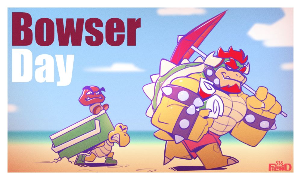 Bowser carrying a parasol and towels on the beach followed by a struggling Koopa dragging a cooler with a Goomba on top.