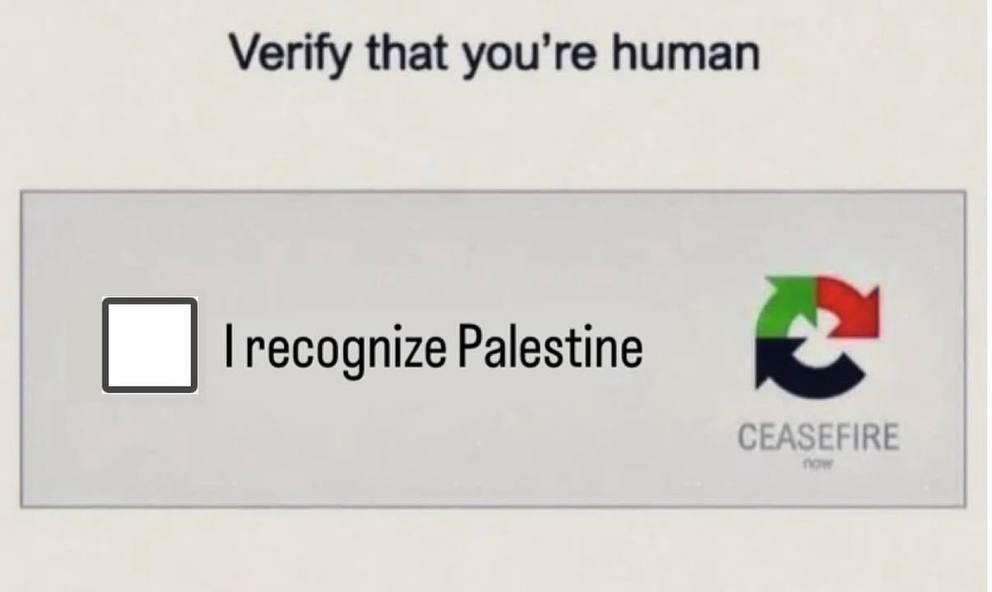 Une capture d'écran d'un message ressemblant au pop-up d'un CAPTCHA : 
"Vérifiez si vous êtes humain"

Avec la case à cocher mais qui est indiqué "je reconnais la Palestine", et la flèche ronde de recaptcha, mais elle a les trois couleurs de la Palestine noir vert et rouge, et au lieu de la marque reCAPTCHA c'est marqué "cesser le feu" en dessous. 