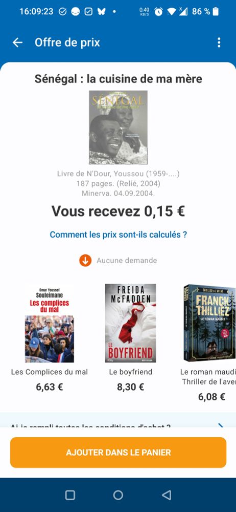 Capture d'ecran d'une tentative d'escroquerie en direct (non : c'est momox qui me propose 15ct pour des livres comme neufs) 😑