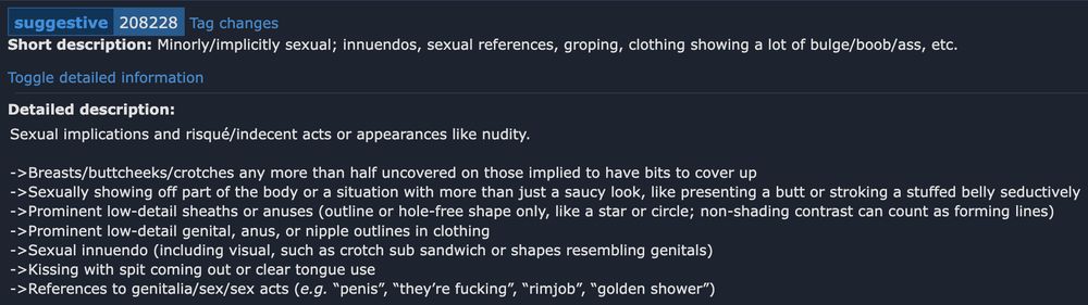 Definition of the "suggestive" tag on derpibooru.

Short description: Minorly/implicitly sexual; innuendos, sexual references, groping, clothing showing a lot of bulge/boob/ass, etc.

Detailed description:
Sexual implications and risqué/indecent acts or appearances like nudity.
 
->Breasts/buttcheeks/crotches any more than half uncovered on those implied to have bits to cover up  
->Sexually showing off part of the body or a situation with more than just a saucy look, like presenting a butt or stroking a stuffed belly seductively  
->Prominent low-detail sheaths or anuses (outline or hole-free shape only, like a star or circle; non-shading contrast can count as forming lines)  
->Prominent low-detail genital, anus, or nipple outlines in clothing  
->Sexual innuendo (including visual, such as crotch sub sandwich or shapes resembling genitals)  
->Kissing with spit coming out or clear tongue use  
->References to genitalia/sex/sex acts (e.g. “penis”, “they’re fucking”, “rimjob”, “golden shower”)