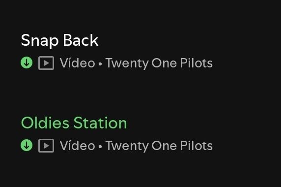 Print do spotify com as músicas "Snap Back" seguida de "Oldies Station", ambas da banda Twenty One Pilots