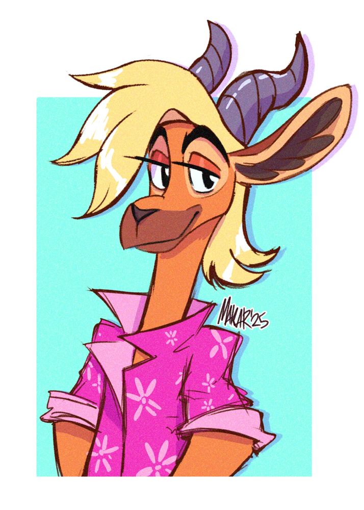 Portrait drawing of a male anthro gerenuk in a pink shirt.