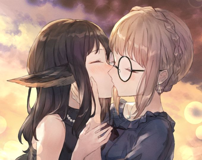 anime style illustration of a brunette fox girl (left) kissing a blonde woman with glasses (right) against a sunset background. cutscene artwork from the yuri visual novel Please Be Happy