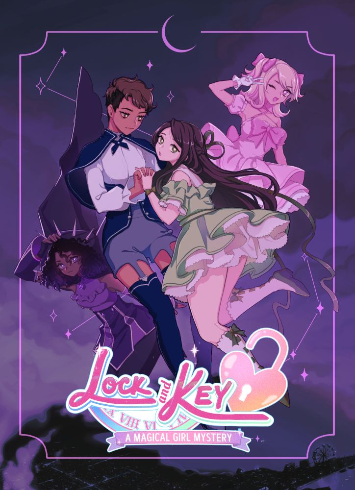 anime style illustration of 4 magical girls on a purple night sky. the logo at the bottom reads "Lock and Key A MAGICAL GIRL MYSTERY"