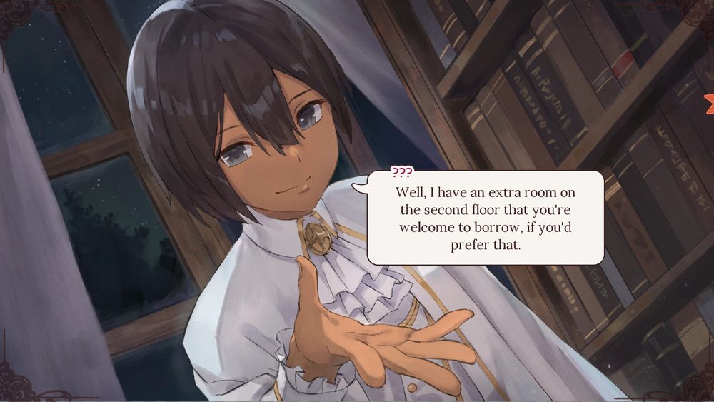 screenshot of the visual novel Please Be Happy. a woman with short black hair reaches her hand out to the viewer in a library with a window showing nighttime behind her.