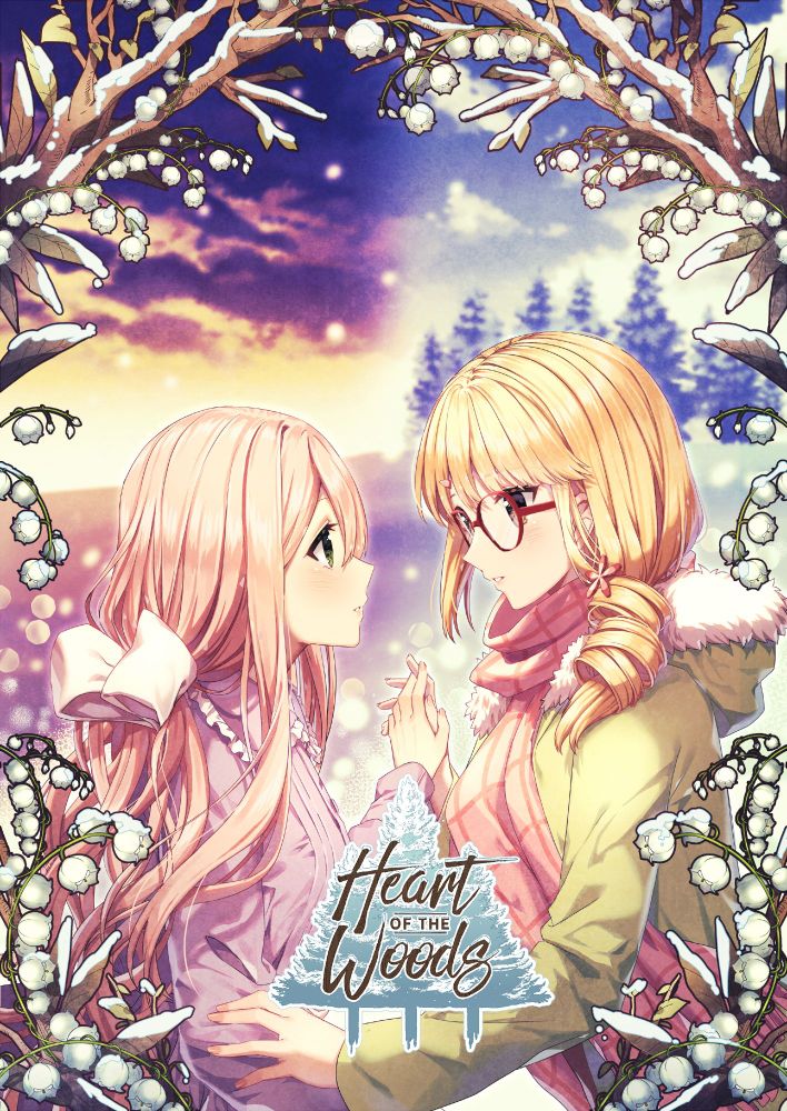 anime style illustration of a pair of girls holding hands and looking at each other in a wintery landscape with winter snowbells surrounding them. the logo at the bottom reads "Heart of the Woods"