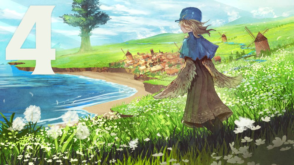 Rain, the protagonist of Upwards, Rain! The Post Office of Farewells overlooking the seaside village of Vitae and the giant tree where Mortem Post resides. There's a large "4" off to the side of the image