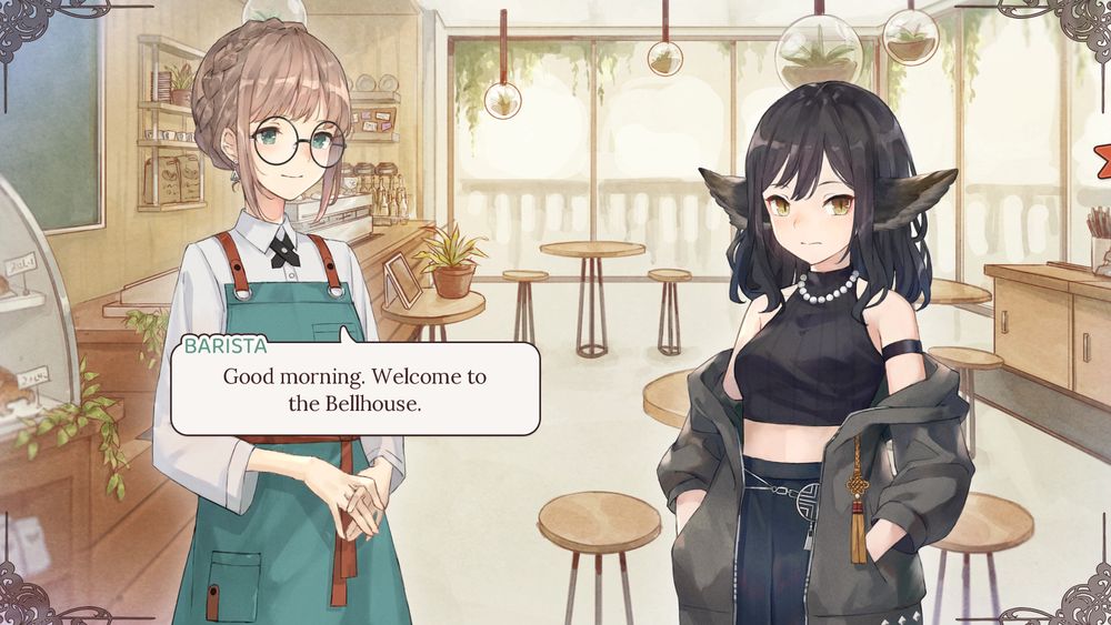 screenshot of the visual novel Please Be Happy. a pair of women stand in a well-lit cafe during the day. the woman on the left is blonde with a teal apron and the woman on the right has medium-length black hair and fox ears.