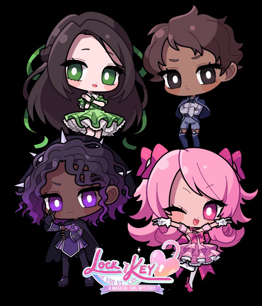 4 chibis of magical girls with a logo at the bottom reading Lock and Key A MAGICAL GIRL MYSTERY