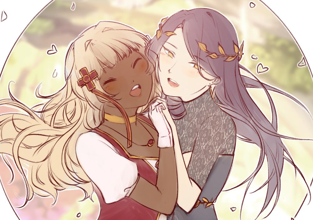 anime style illustration of a blonde woman and a purplish/brunette woman holding hands and smiling against a forest background at low opacity. artwork from the yuri visual novel Without a Voice