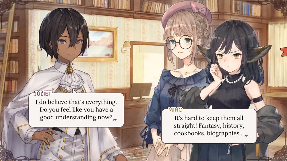 screenshot of the visual novel Please Be Happy. a group of women stand in a well-lit library during the day. the woman on the left has short black hair and a white suit; the center woman is blonde with a dark blue shirt; and the woman on the right has medium-length black hair and fox ears and making an angry expression.