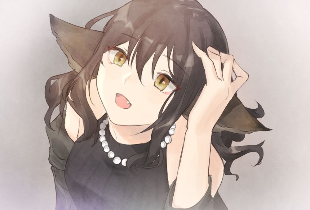 anime style illustration of a black haired fox girl holding her hair back and looking up at the sky, towards the viewer