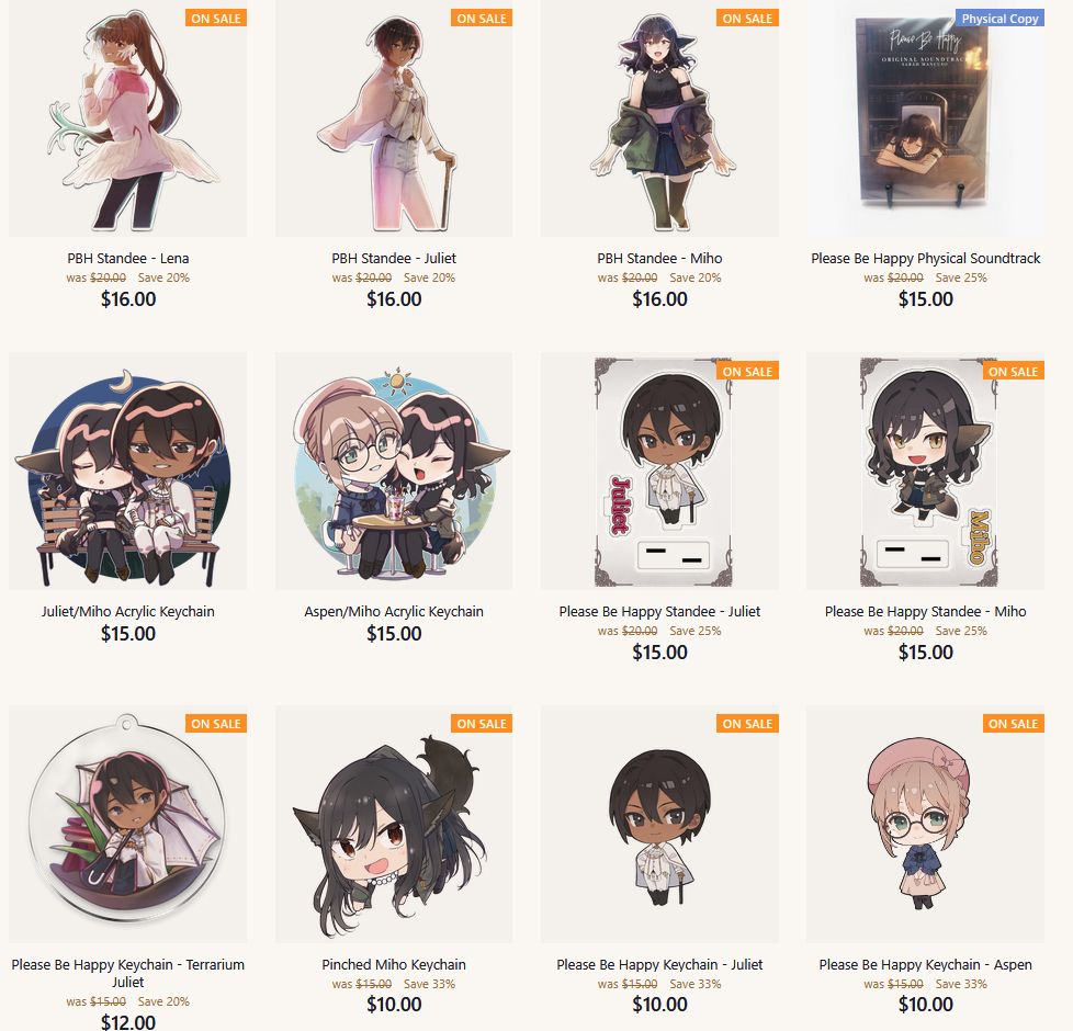 screenshot of a webstore showing lots of anime keychains and merch on sale