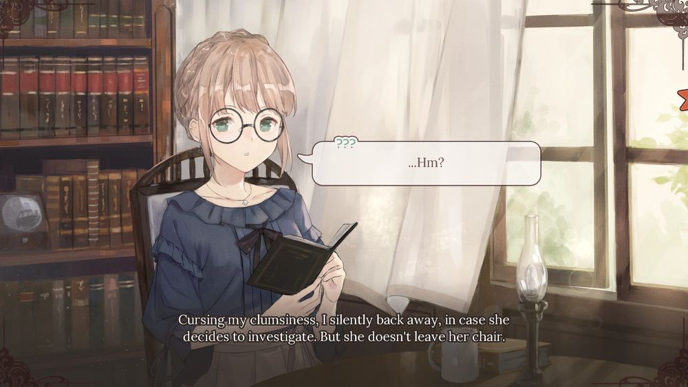screenshot of the visual novel Please Be Happy. a pair of women stand in a well-lit cafe during the day. a blonde woman wearing a dark blue shirt sits in a library next to a window with white curtains and holds a book in her hand, looking at the viewer