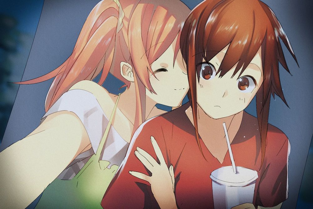 anime style illustration of an orange-haired girl kissing the cheek of a brunette girl holding a soda drink. cutscene artwork from the yuri visual novel Highway Blossoms