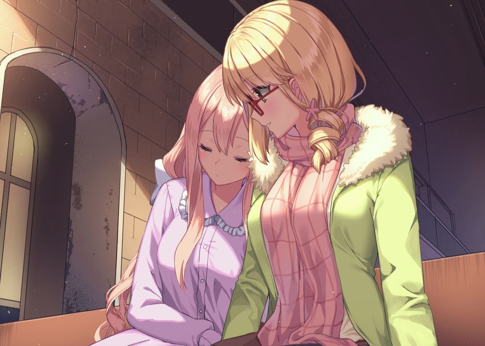 anime style illustration of a pink haired girl in a purple dress (left) sleeping on the shoulder of a blonde girl in a green jacket (right) in a dilapidated church. cutscene artwork from the yuri visual novel Heart of the Woods