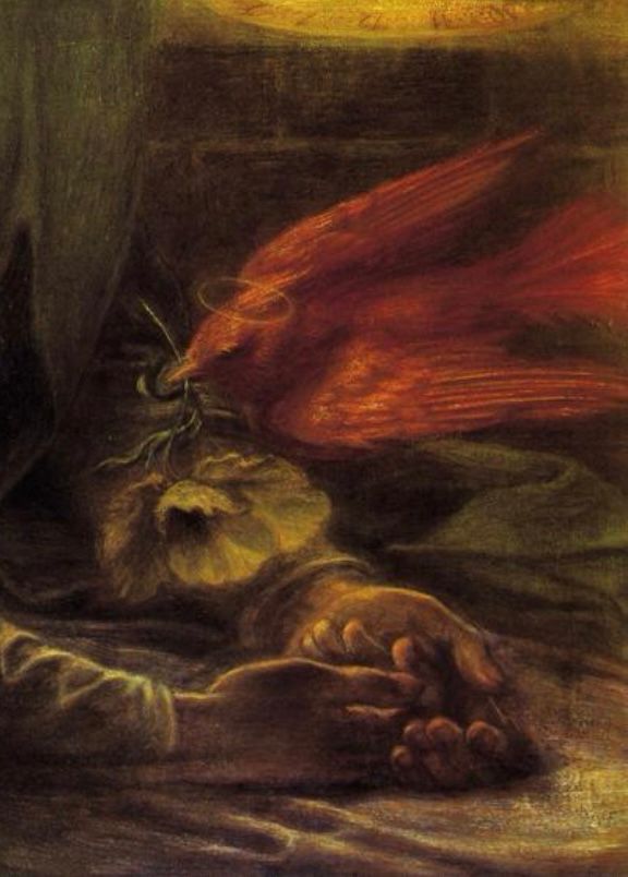 A close of the red dove and white poppies in Rossetti’s Beata Beatrix 1870