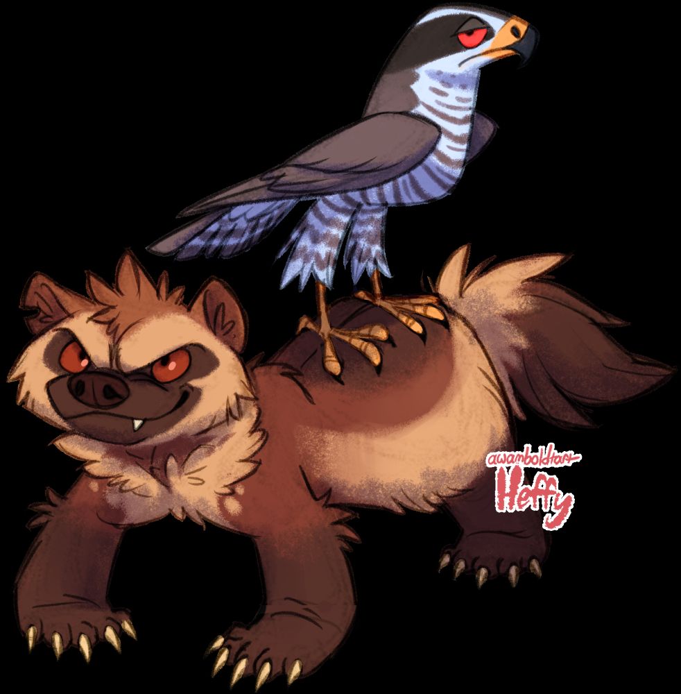 A scruffy and scrappy looking wolverine, atop the back of which perches a disinterested-looking goshawk.
