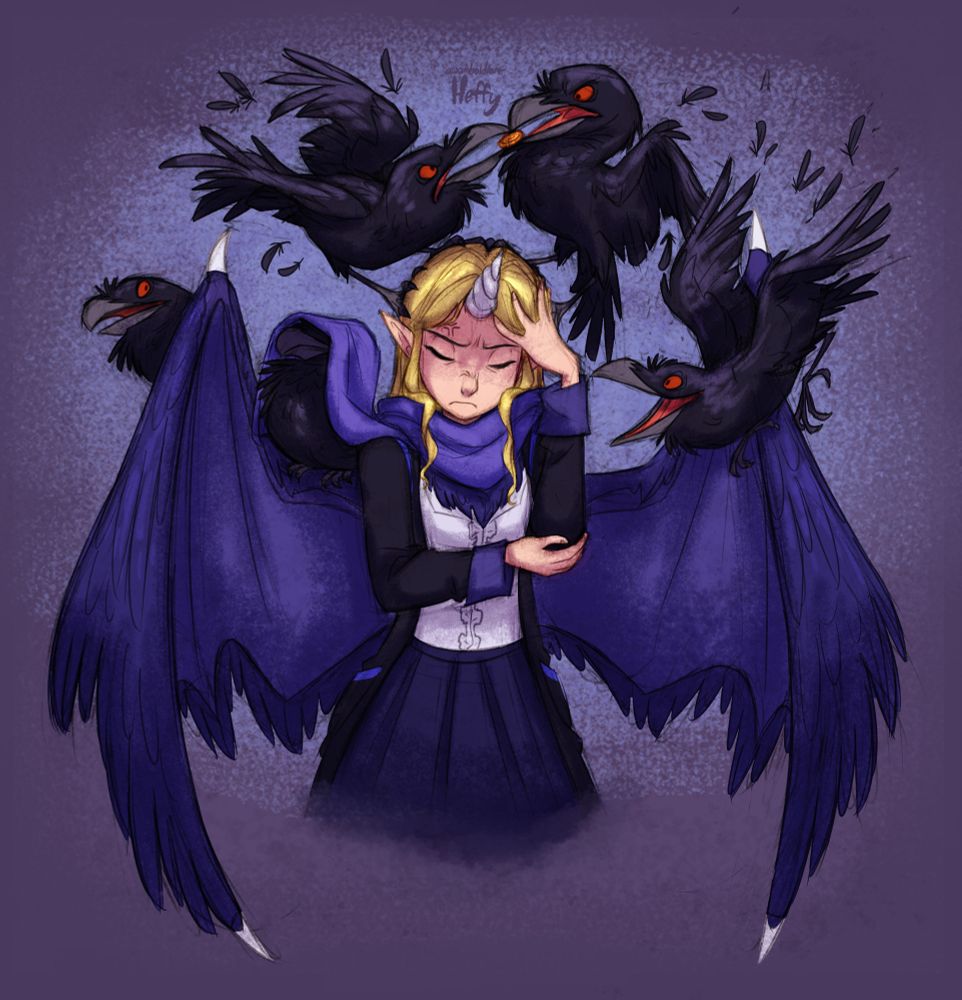 A blonde woman with draconic features, including a spiraled forehead horn and large feathery wings, stands with a hand against her forehead, exasperated over the flock of raucous ravens congregating all over her. Her eyes are shut, as she is blind. Two ravens squabble over a stray coin atop her head, one excitedly has something to say from her side, one peers out from behind one of her wings in uncertainty, and the last one is perched on that wing, the woman's scarf draped over its head.