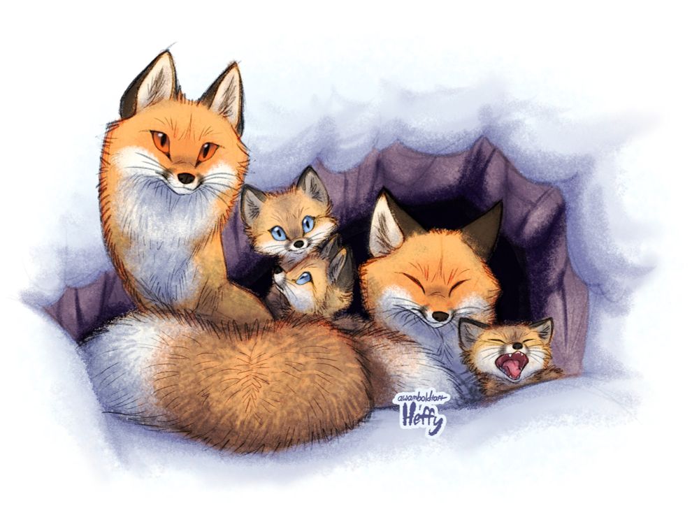 A family of red foxes at the front of a snow-covered den. One sits erect, its tail wrapped around it. The other rests further back, eyes shut. Around it are three cubs, two looking about in curiosity and one yawning.