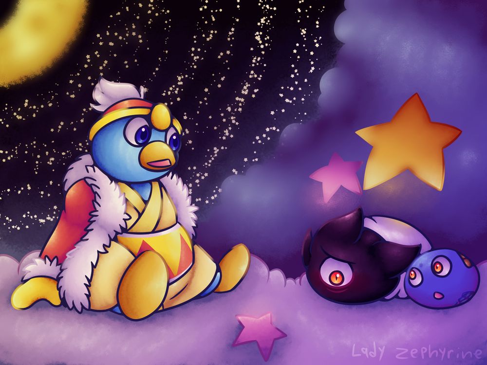 Dedede, Dark Matter Blade, and Gooey sitting on a cloud, they're in the Garden area of the Great Cave Offensive. Blade is also laying in a white bag.