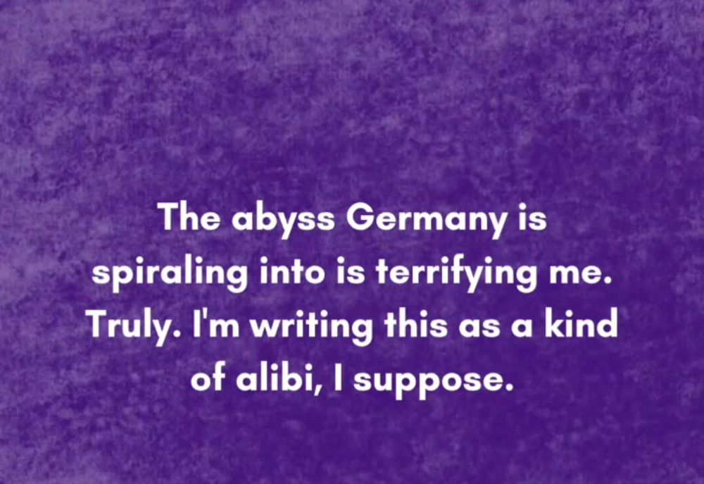 “The abyss Germany is spiraling into is terrifying me. I’m writing this as a kind of alibi, I suppose.”