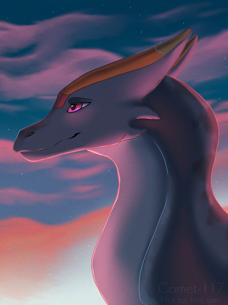 A portrait of a dragon at sunset. The dragon's expression is calm and content, and the clouds behind her are wispy. There are a few stars beginning to shine in the sky.