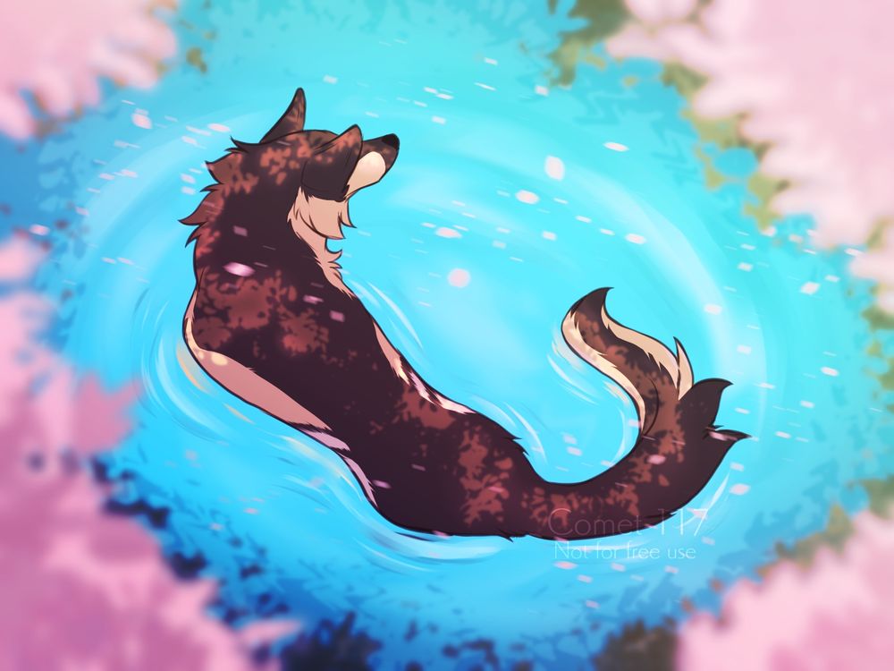 Top-down view of a wolf standing still in a body of water. Blurry pink foliage/blossoms are in the corners of the image, as if the viewer is sitting in the trees and looking down at the character. Some loose petals are shown being blown away by a breeze. 