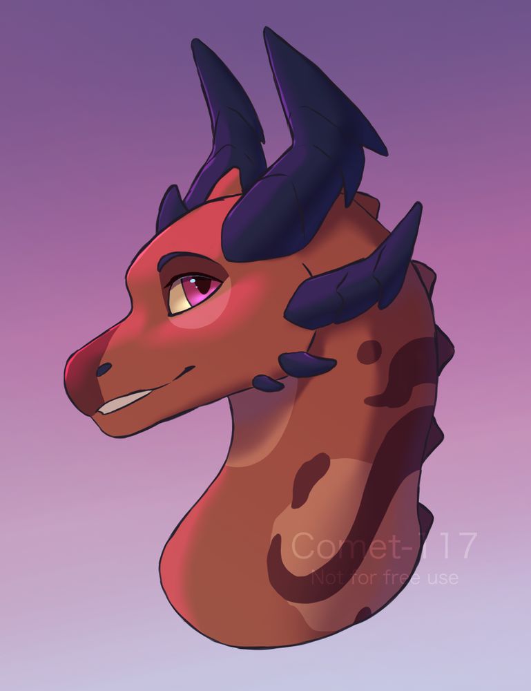 A headshot of a dragon smiling slightly and facing left. Their visible eye is focused on the viewer. Their expression reads as gentle and friendly. 