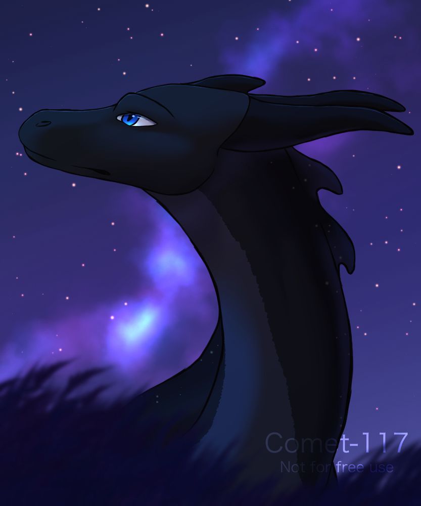 A headshot of a dragon in profile looking up at a starry sky. His shoulders are obscured by tall grass in front of him.